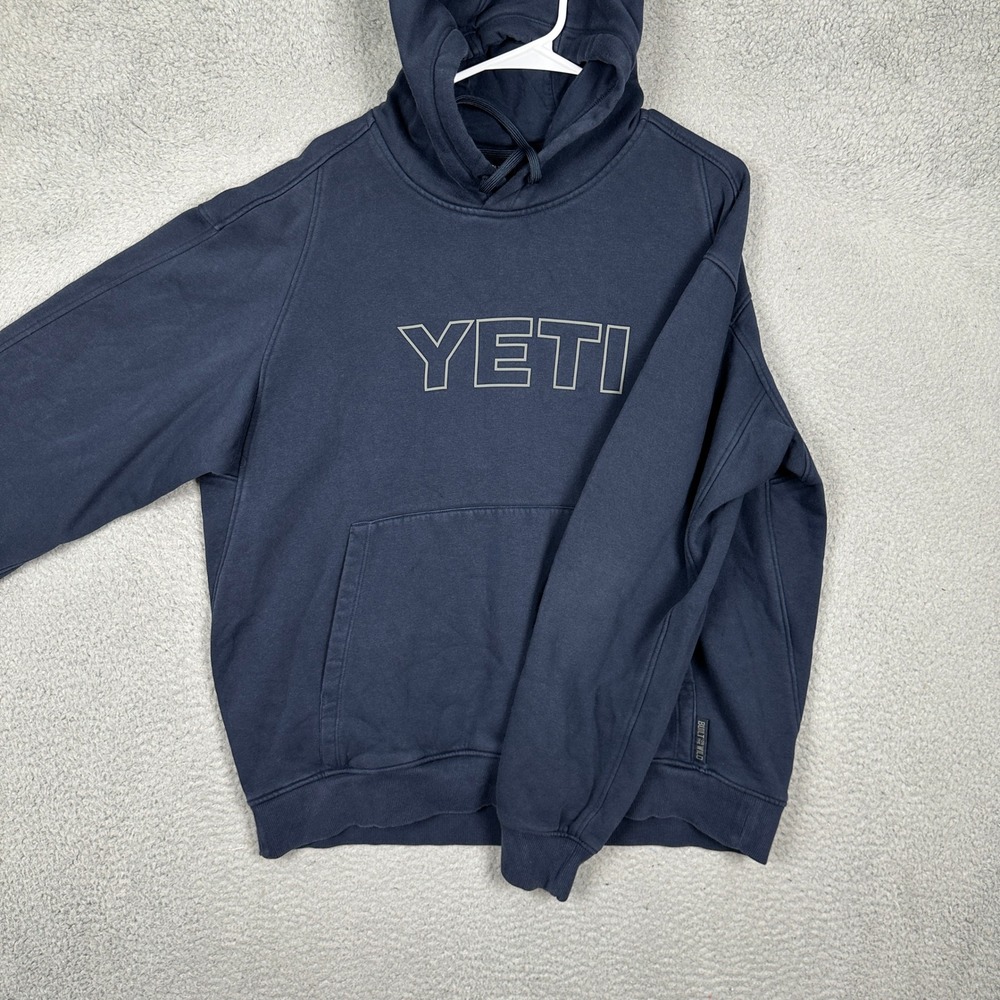 YETI Hoodie Mens Large Navy Blue Graphic Logo Pullover Sweatshirt Drawstring EUC